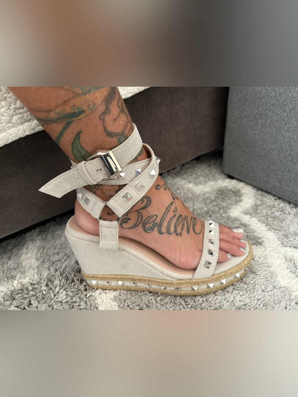Studded Beige Wedge Sandals with Ankle Strap